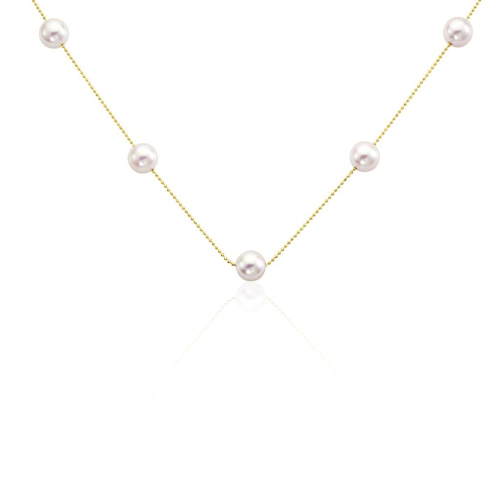 🦚 Damen Perlenkette Gold 585 Akoyaperlen 5mm, Kette mit Stein