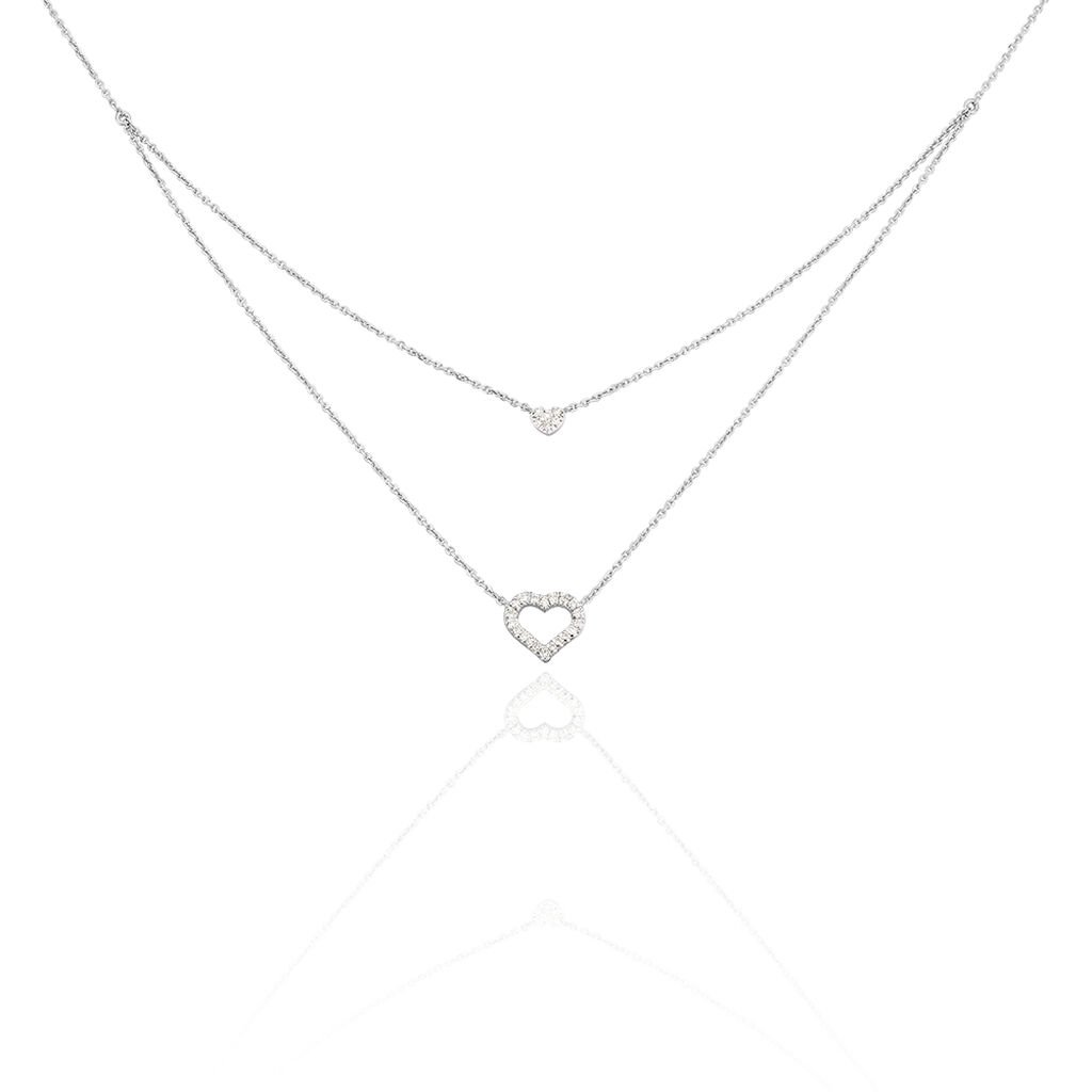 🦚 Damen Collier Weißgold 375 Diamant 0,12ct Doppelherz Herz Herz 26, Collier mit Stein