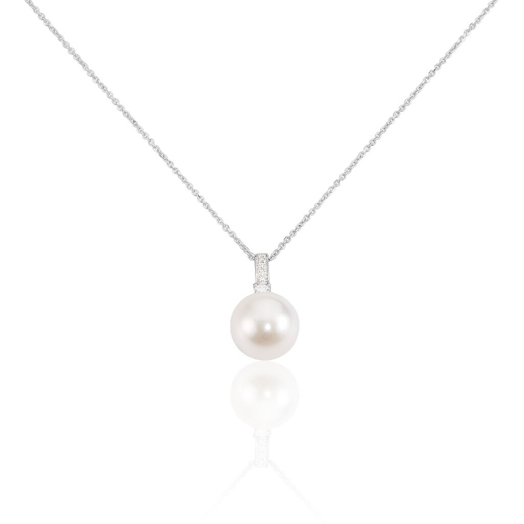 🦚 Damen Collier Weißgold 375 Zuchtperle Perlmutt Ball, Collier mit Stein