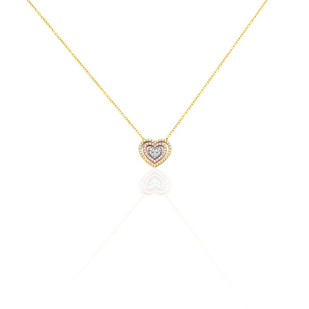 🦚 Damen Halskette Gold 375 Tricolor Zirkonia Herz, Collier mit Stein