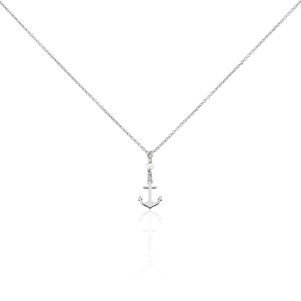 🦚 Damen Bib Halskette Silber 925 Zuchtperle Weiß Anker Gwenaelle, Bib Halskette mit Stein