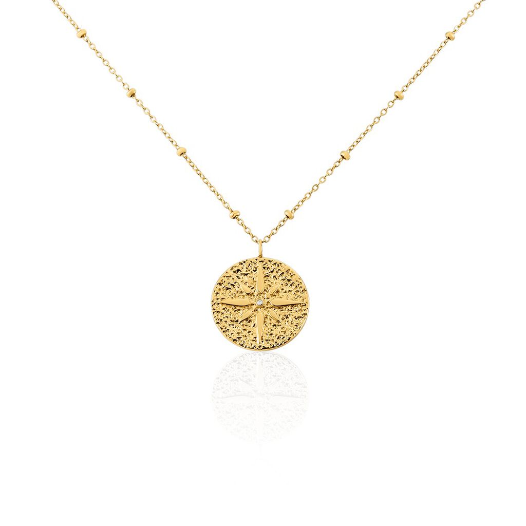 🦚 Damen Collier Edelstahl vergoldet Zirkonia Kompass Simone 1,20mm, Collier mit Stein