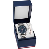 Tommy Hilfiger Quarzuhr, (Set, 2-tlg., mit Halskette), Armbanduhr, Herrenuhr, Lederarmband, ideal als Geschenk, Datum silberfarben