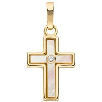 JOBO Kettenanhänger Anhänger Kreuz, 375 Gold mit Diamant und Perlmutt-Einlage gelb|goldfarben
