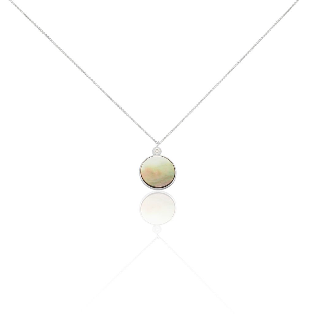 🦚 Damen Halskette Weißgold 375 Perlmutt Zirkonia, Collier mit Stein