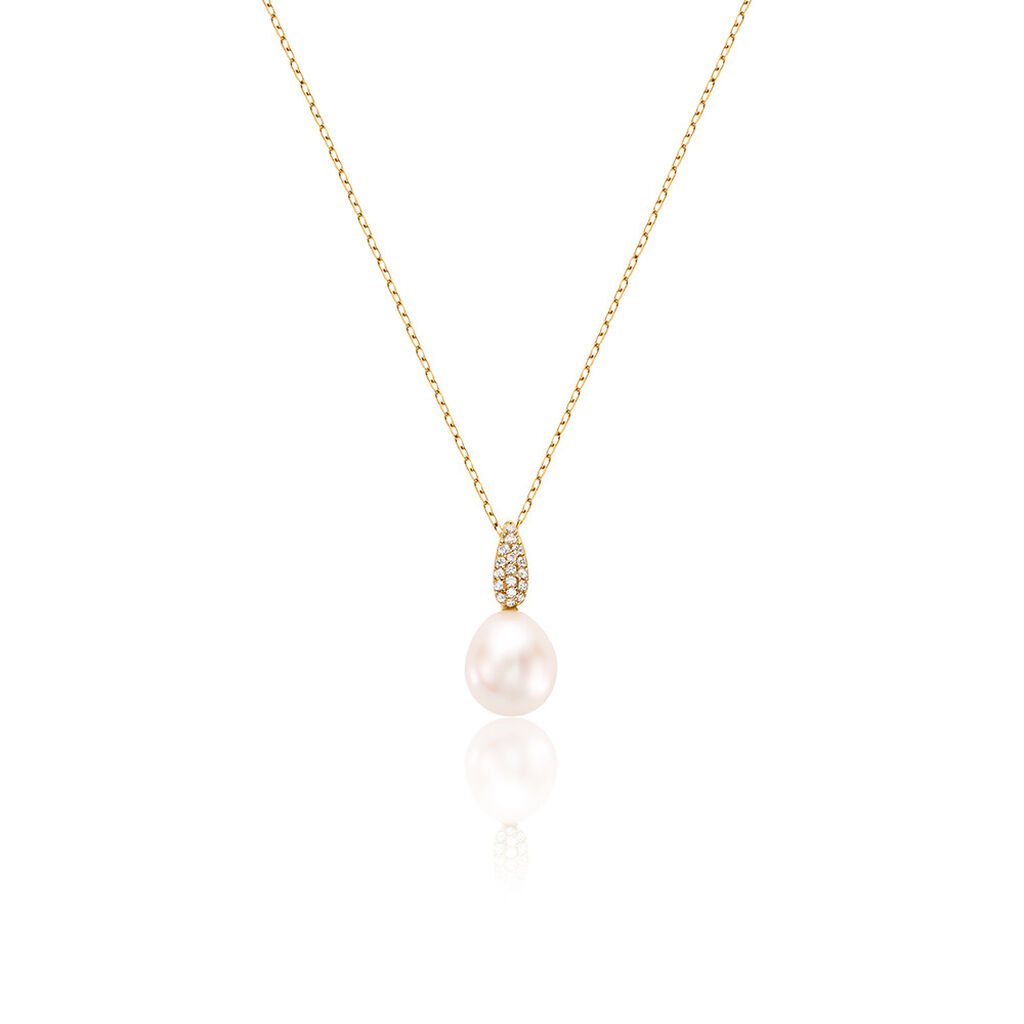 🦚 KALLI Damen Collier Gold 585 (14 Karat) Zuchtperle Weiß B 1 mm, Collier mit Stein