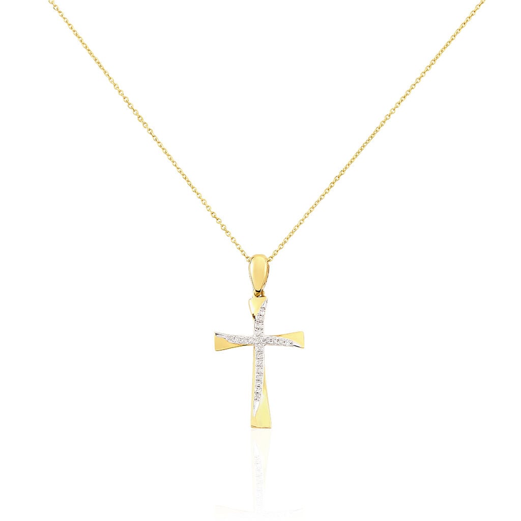 🦚 Kreuz HO 1 Damen Collier Gold 375 (9 Karat) Diamant Weiß 0,03 ct Religiöses Kreuz, Collier mit Stein