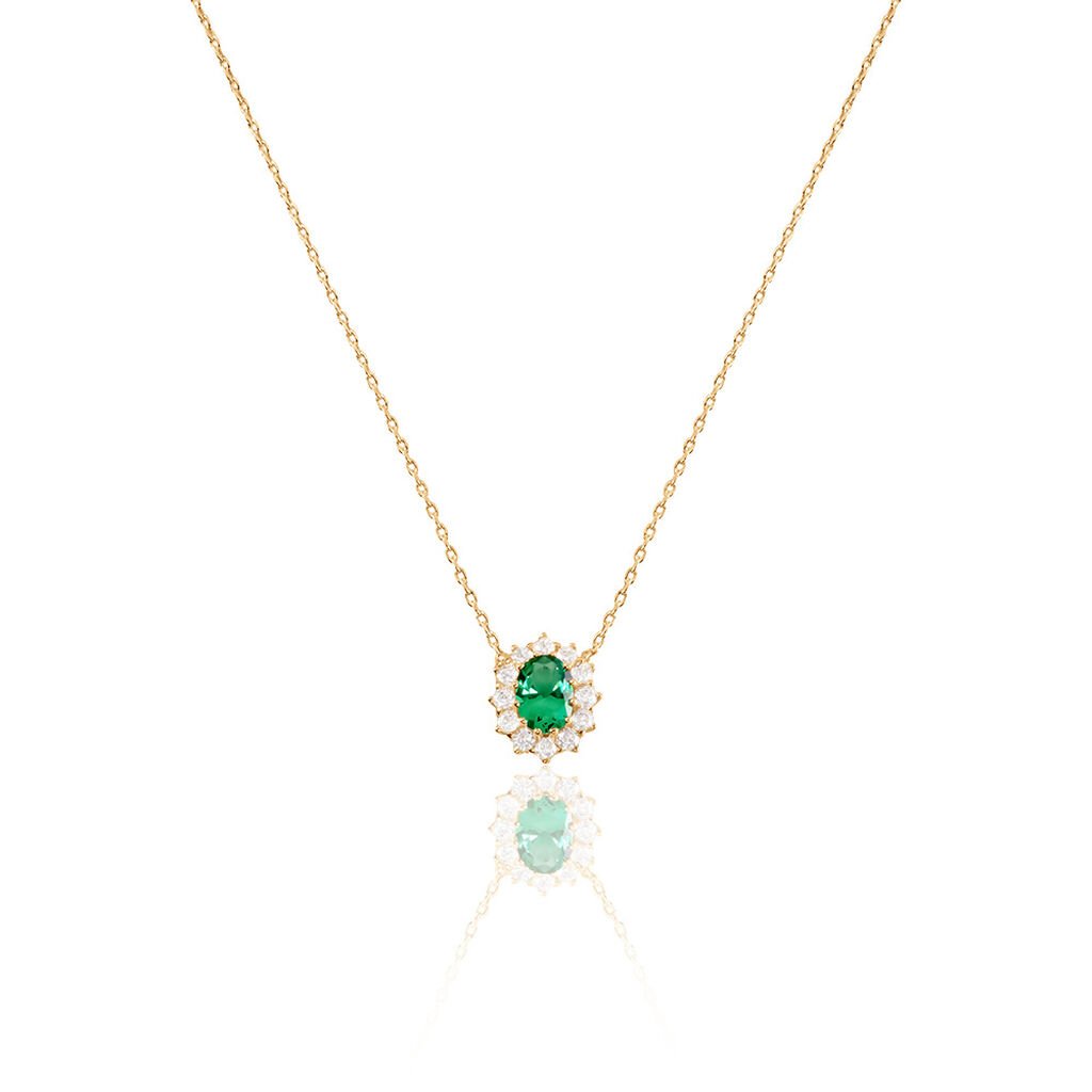 🦚 LACEY Damen Collier Vergoldet 750 Zirkonia Grün Oval, Collier mit Stein