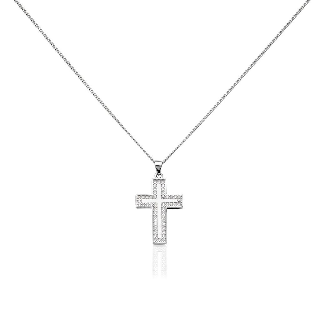 🦚 Damen Collier Silber 925 Zirkonia Weiß Religiöses Kreuz B 19,45 mm, Collier mit Stein