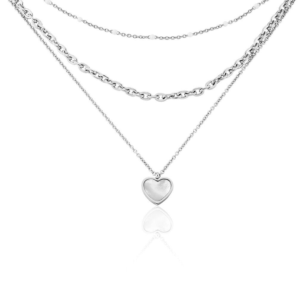 🦚 REBEKAH Damen Collier Edelstahl Perlmutt Weiß Herz B 3,5 mm, Collier mit Stein