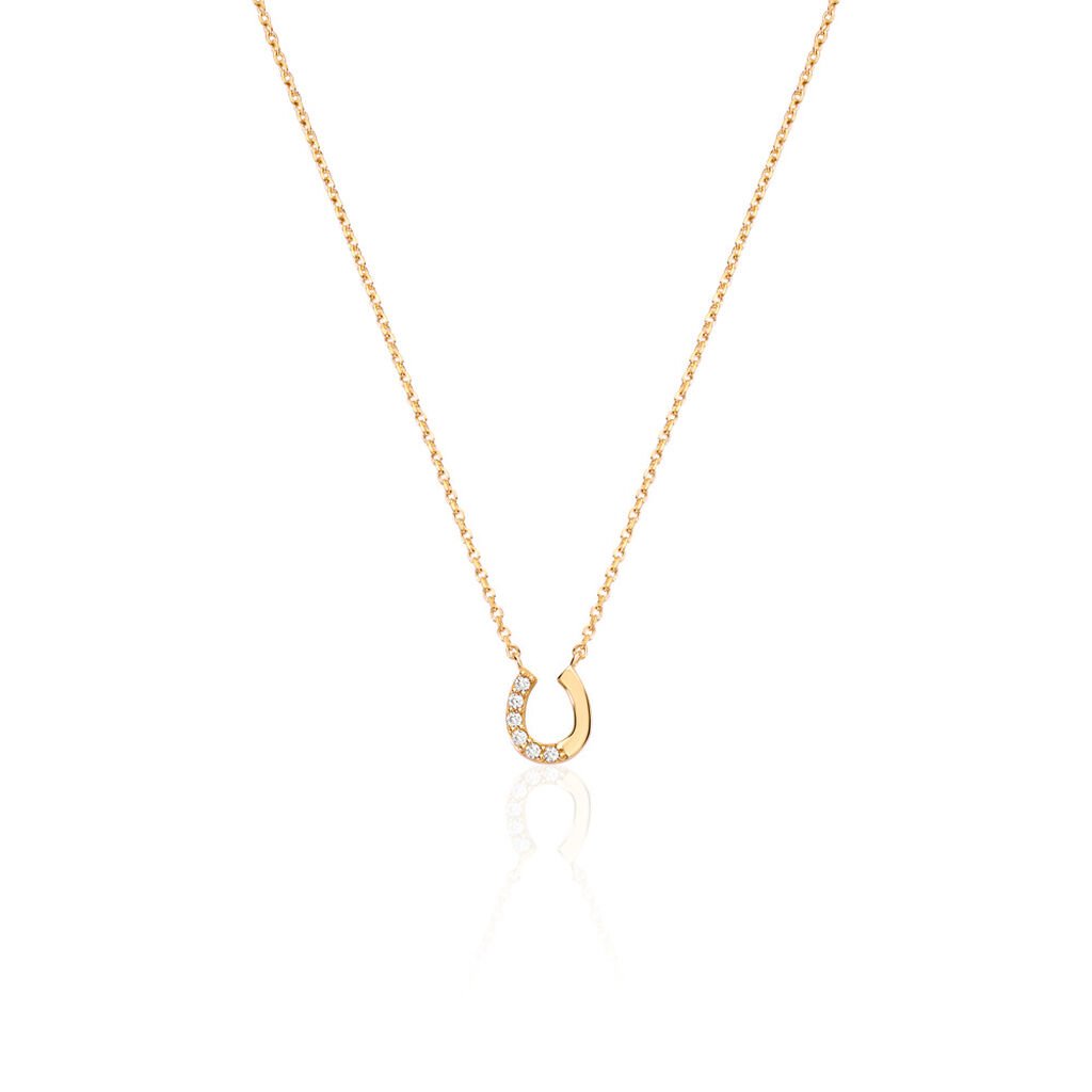 🦚 KHLOE Damen Collier Vergoldet Zirkonia Weiß Talisman Hufeisen, Collier mit Stein