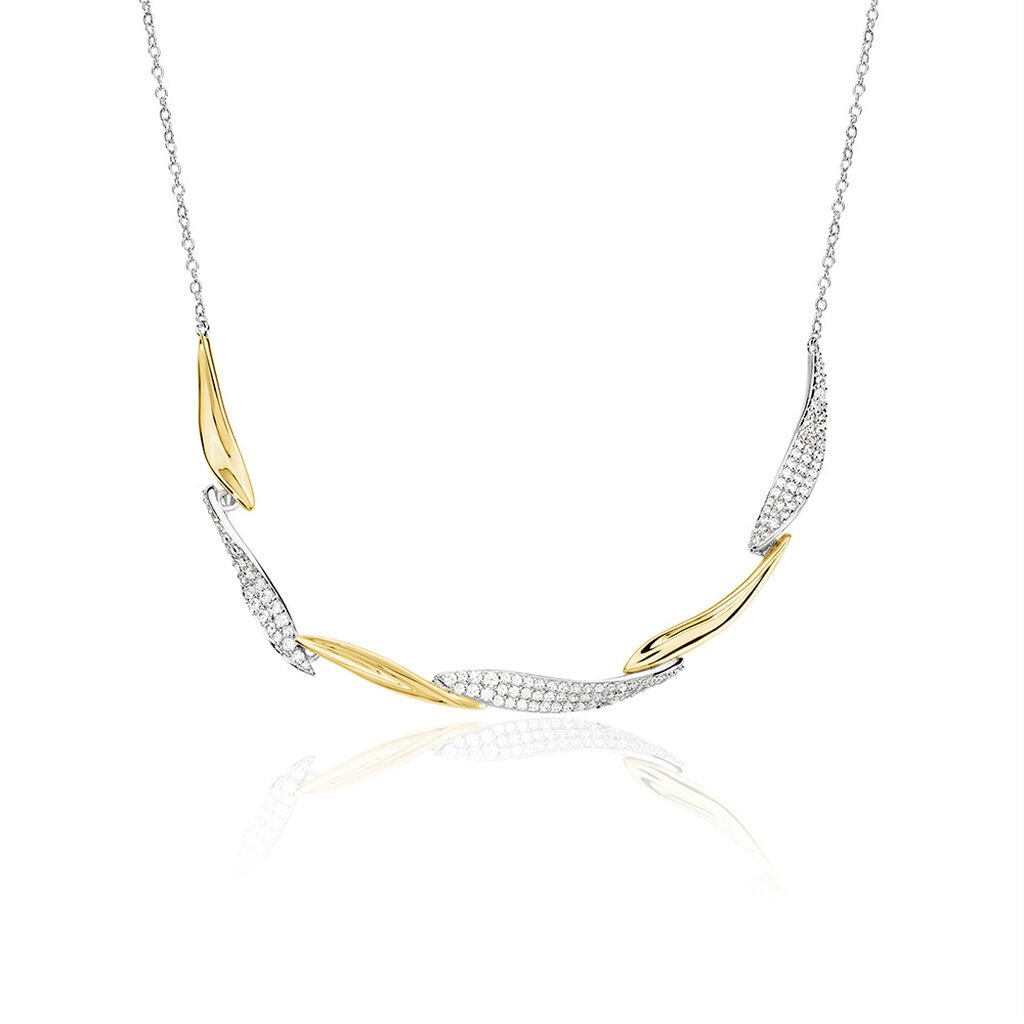 🦚 PAMINA Damen Collier Silber Bicolor Gelb/Silber 925 Zirkonia Weiß 0,1 ct Palmblatt, Collier mit Stein