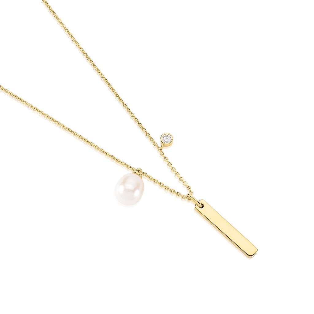 🦚 Virtu Damen Collier Silber vergoldet 925 Zuchtperle Weiß B 1,3 mm, Collier mit Stein