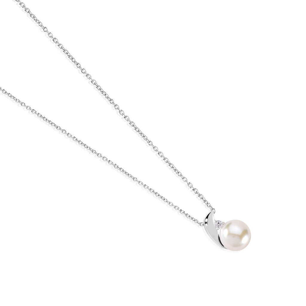 🦚 Marlen Damen Collier Silber 925 Zuchtperle Weiß B 1,3 mm, Collier mit Stein