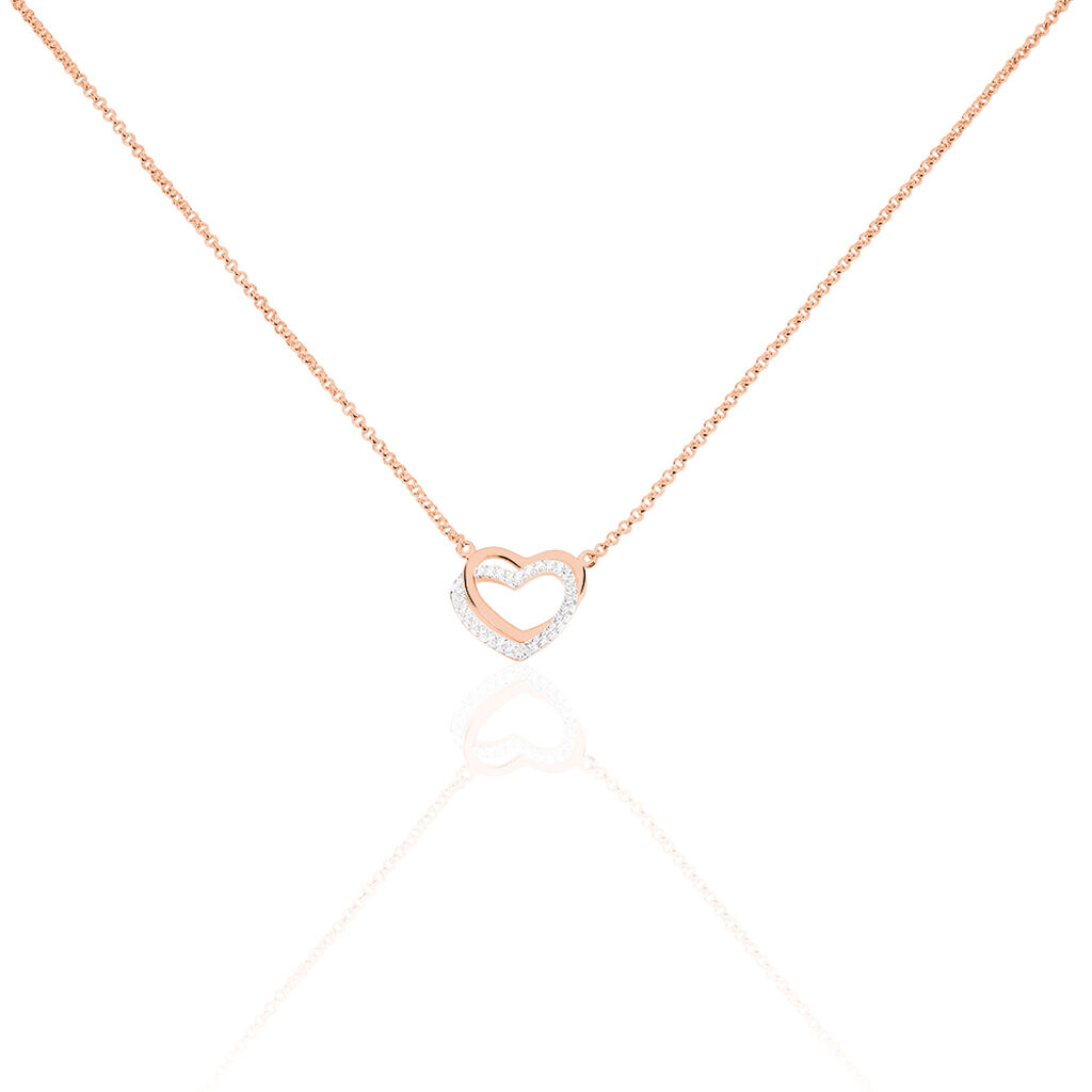 🦚 EMONA Damen Collier Silber rosevergoldet 925 Zirkonia Weiß Doppelherz, Collier mit Stein
