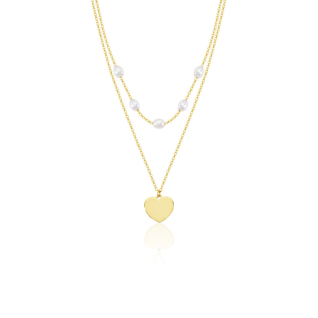 🦚 Love Damen Collier Silber vergoldet 925 Zuchtperle Weiß 3,75 ct Herz B 1,2 mm, Collier mit Stein