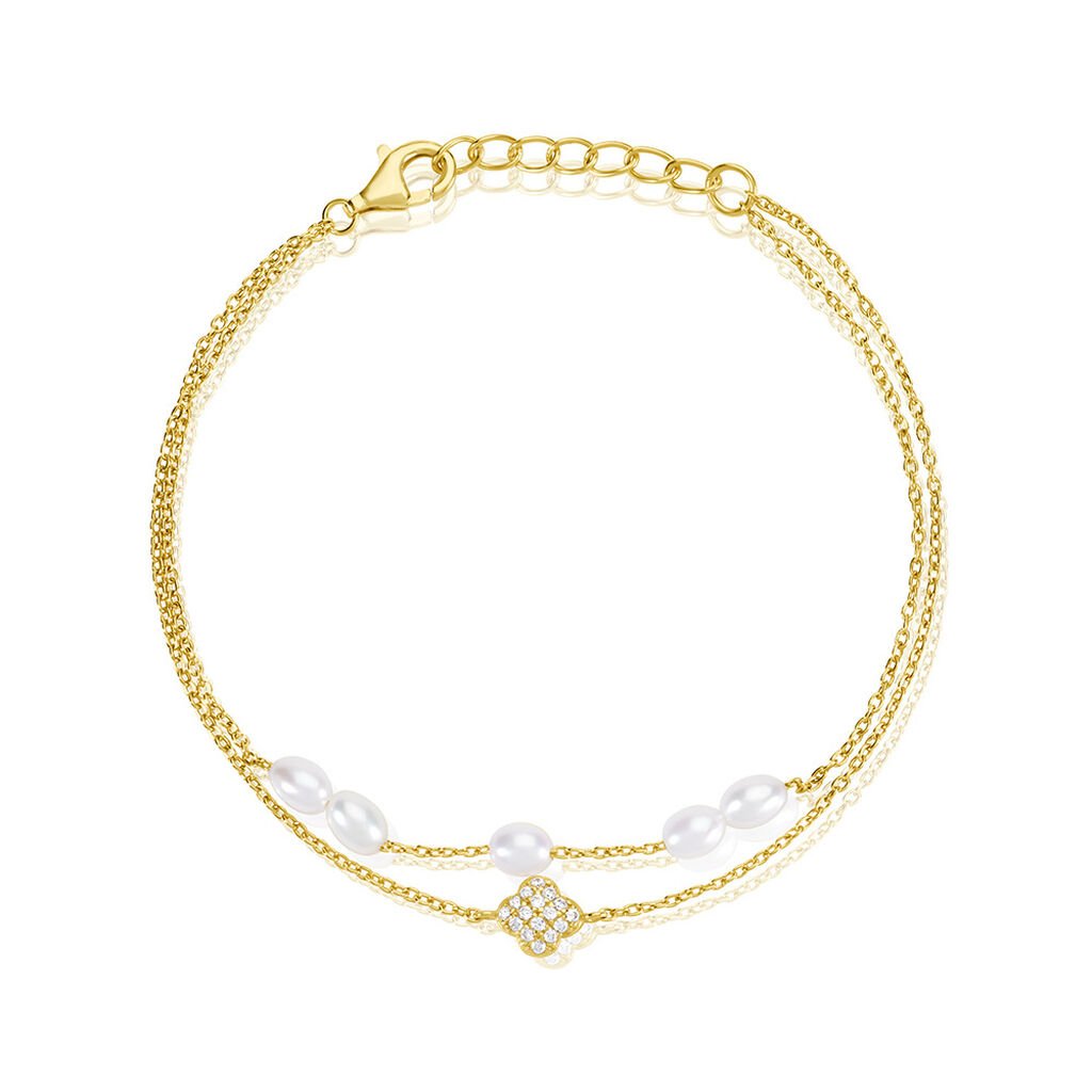 🦚 Angelina Damen Armband Silber vergoldet 925 Zuchtperle Weiß 3 ct Blume B 1,2 mm, Armband mit Stein