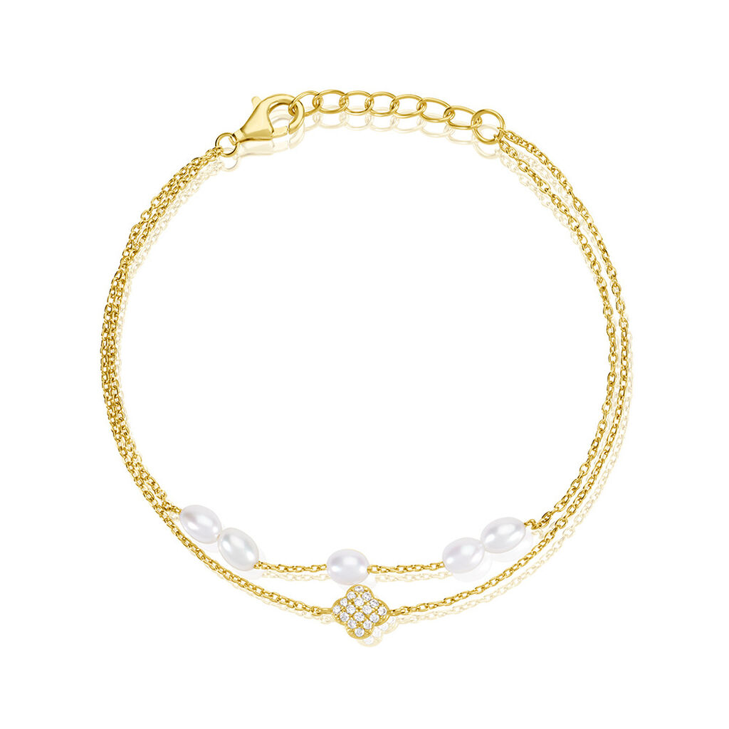 🦚 Angelina Damen Armband Silber vergoldet 925 Zuchtperle Weiß 3 ct Blume B 1,2 mm, Armband mit Stein