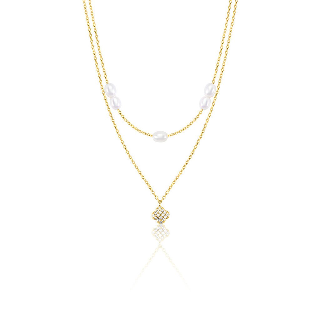 🦚 Angelina Damen Collier Silber vergoldet 925 Zuchtperle Weiß 3,75 ct Blume B 1,2 mm, Collier mit Stein